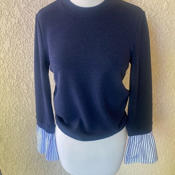 Nordstrom Signature Navy Blue Sweater With White and Blue Striped Bell Sleeve XS - Picture 4 of 12